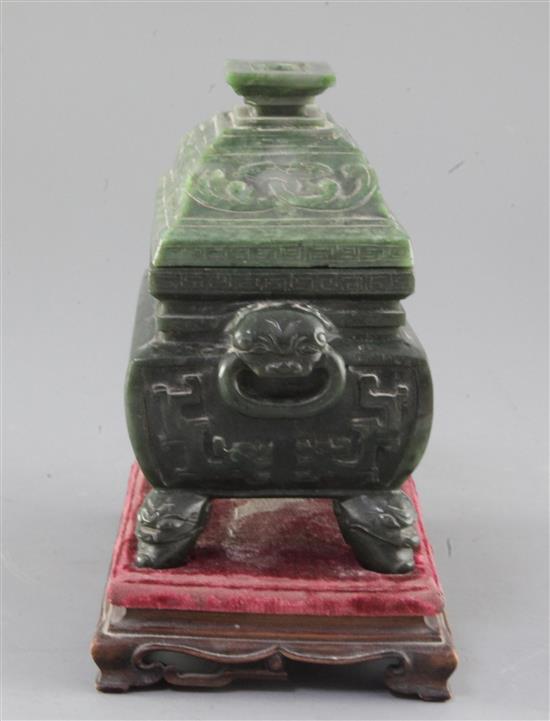 A Chinese spinach green jade fang ding censer and cover